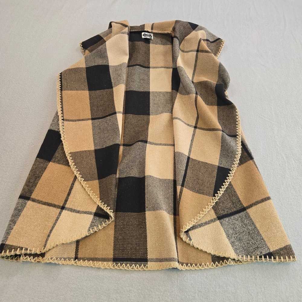 Mud Pie Plaid Open Front Vest Womens OS Tan Black Buffalo Check Blanket Stitch